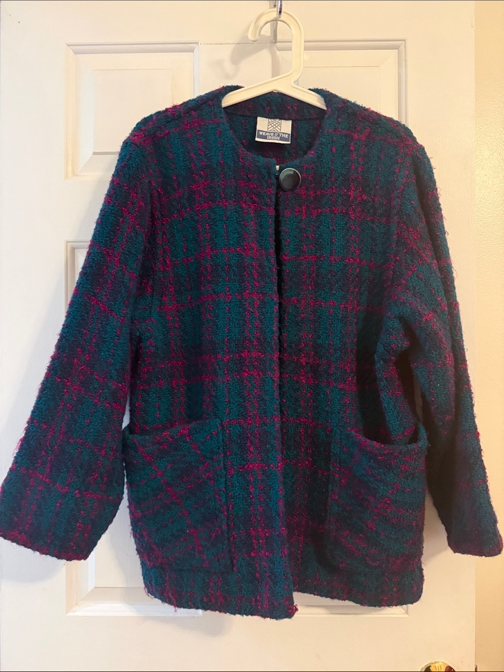 Weave of the Irish Teal & Magenta Plaid Wool  Bouclé Sweater Coat size Medium